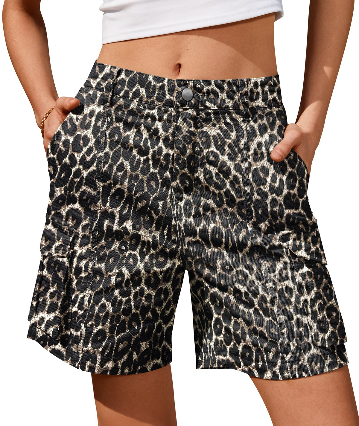 IVIR Bermuda Shorts for Women Cargo Shorts Knee Length 6 Pockets Elastic Waist Long Shorts for Summer Casual