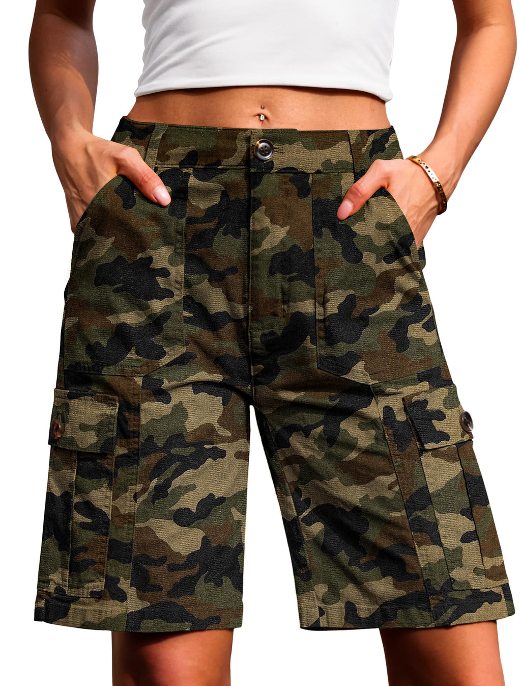 Eddoyee Bermuda Cargo Shorts for Women Casual Long Knee Length High Waisted Stretch Wide Leg Relaxed Fit