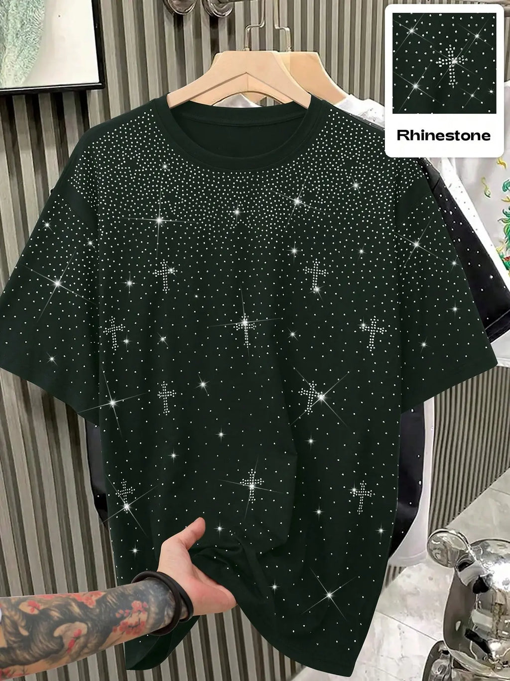 Unisex Rhinestone Cross Pattern T-Shirt, Street Style Glam Top, Sparkling Fashion Design, Perfect for Daily Wear & Night Out