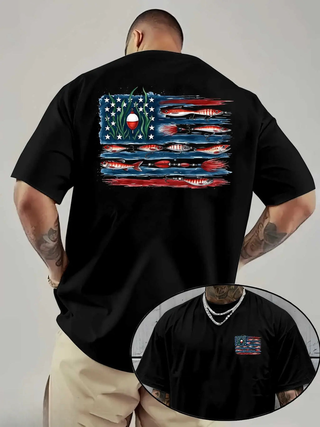 American Flag And Fish Print Short-Sleeve T-Shirt. The Design Combines The American Flag with Fishing Elements, Making It Suitable for Outdoor Fishing Enthusiasts in Summer. It'S a Great Father'S Day Gift Or a Special Present for Fishing Lovers.