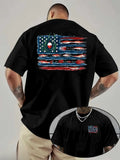 American Flag And Fish Print Short-Sleeve T-Shirt. The Design Combines The American Flag with Fishing Elements, Making It Suitable for Outdoor Fishing Enthusiasts in Summer. It'S a Great Father'S Day Gift Or a Special Present for Fishing Lovers.