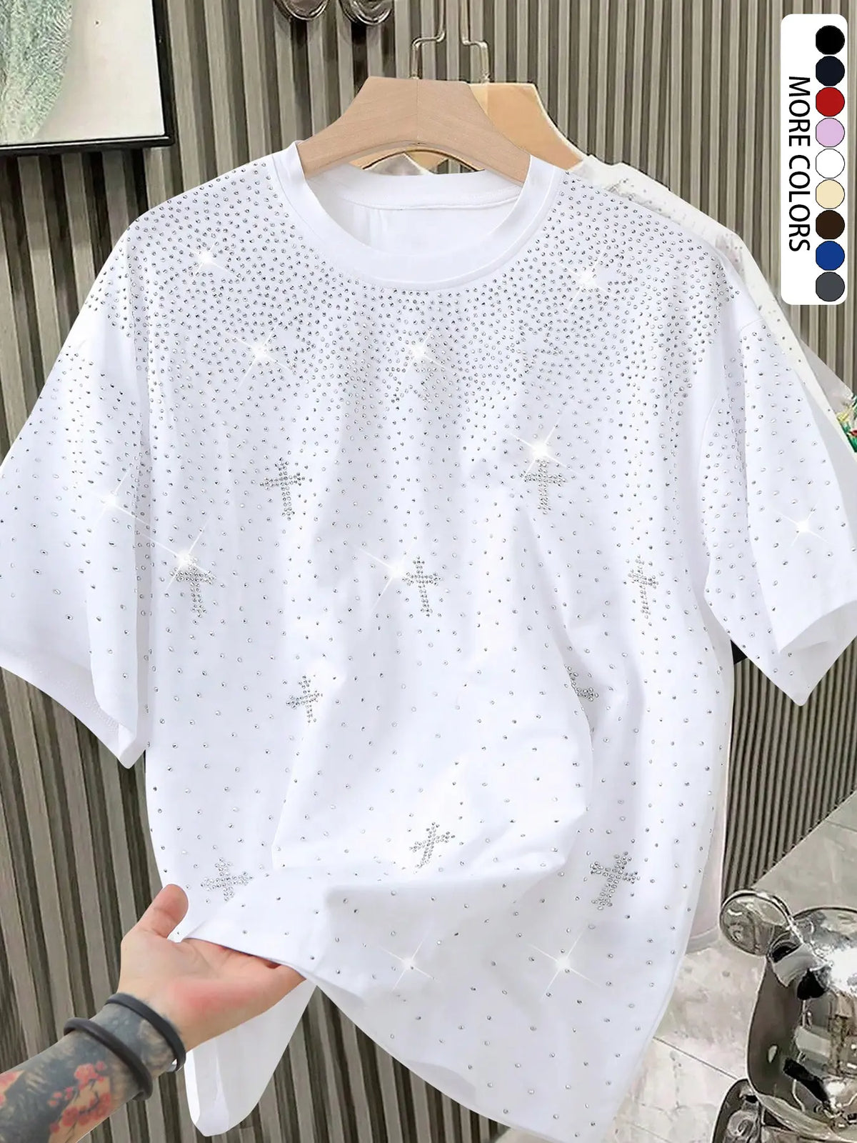 Unisex Rhinestone Cross Pattern T-Shirt, Street Style Glam Top, Sparkling Fashion Design, Perfect for Daily Wear & Night Out