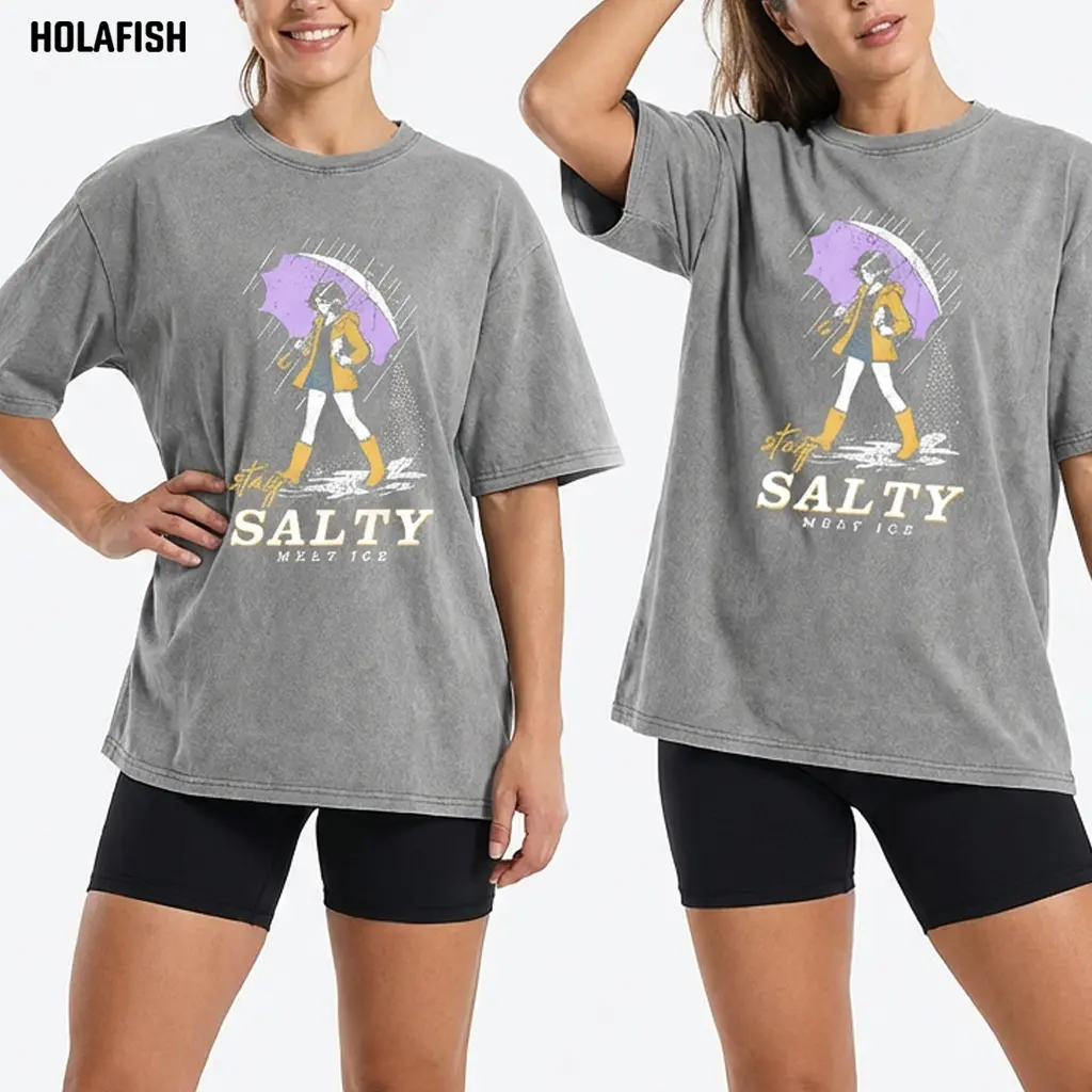 Holafish Women's Vintage Acid Wash Graphic Tee, Soft Cotton Short Sleeve Top, Casual Relaxed Fit Crewneck for Layering, Jeans