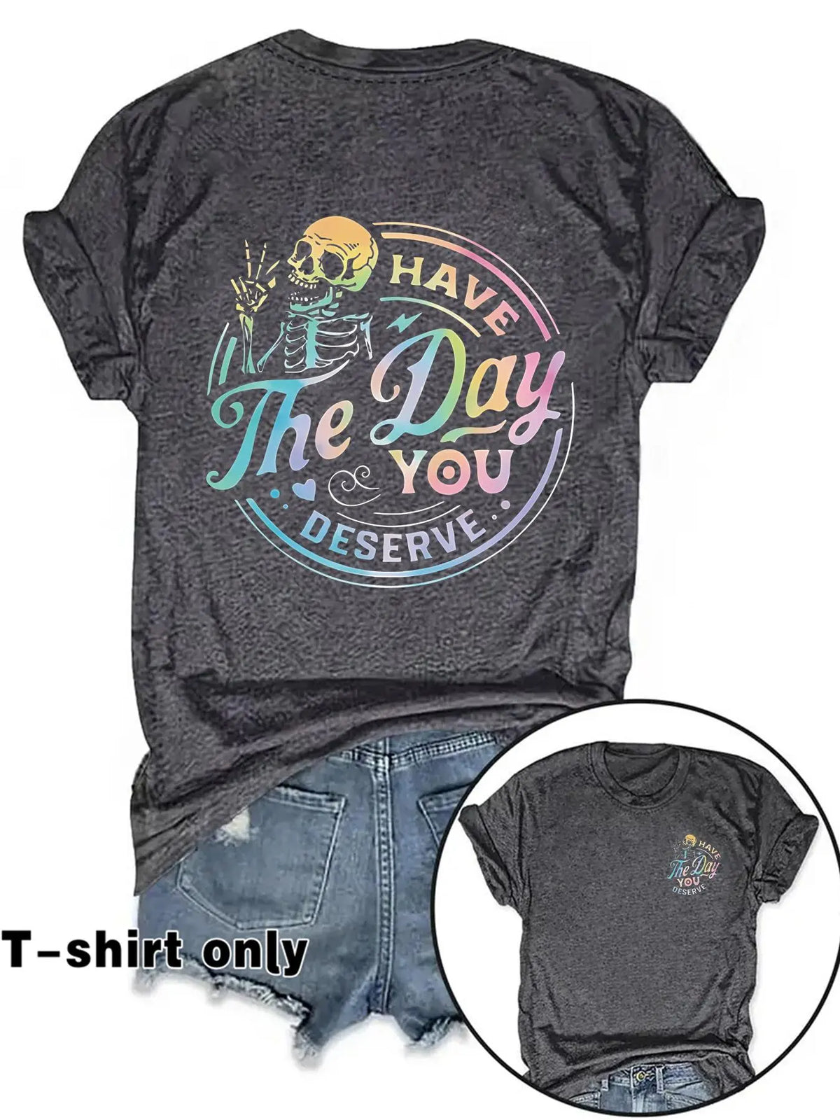 Women's Casual Everyday Fitted Graphic Letter Print Round Neck Short Sleeve T-Shirt, Spring Summer Streetwear Fashion Tee, Fun Skull Pattern, Inspirational Gradient Design, Womenswear