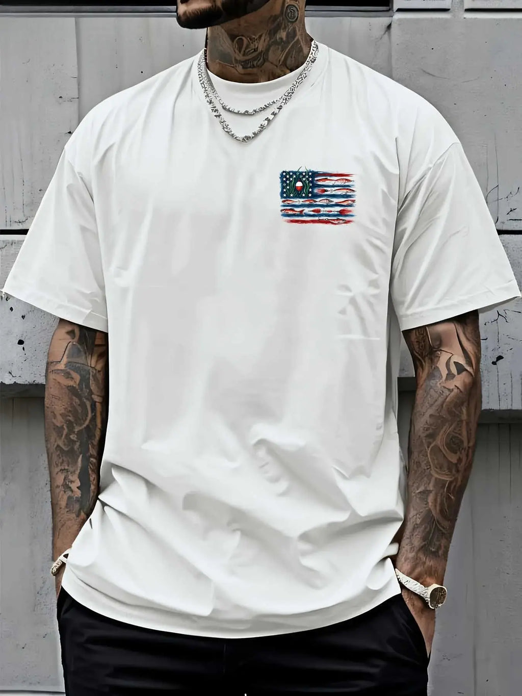 American Flag And Fish Print Short-Sleeve T-Shirt. The Design Combines The American Flag with Fishing Elements, Making It Suitable for Outdoor Fishing Enthusiasts in Summer. It'S a Great Father'S Day Gift Or a Special Present for Fishing Lovers.