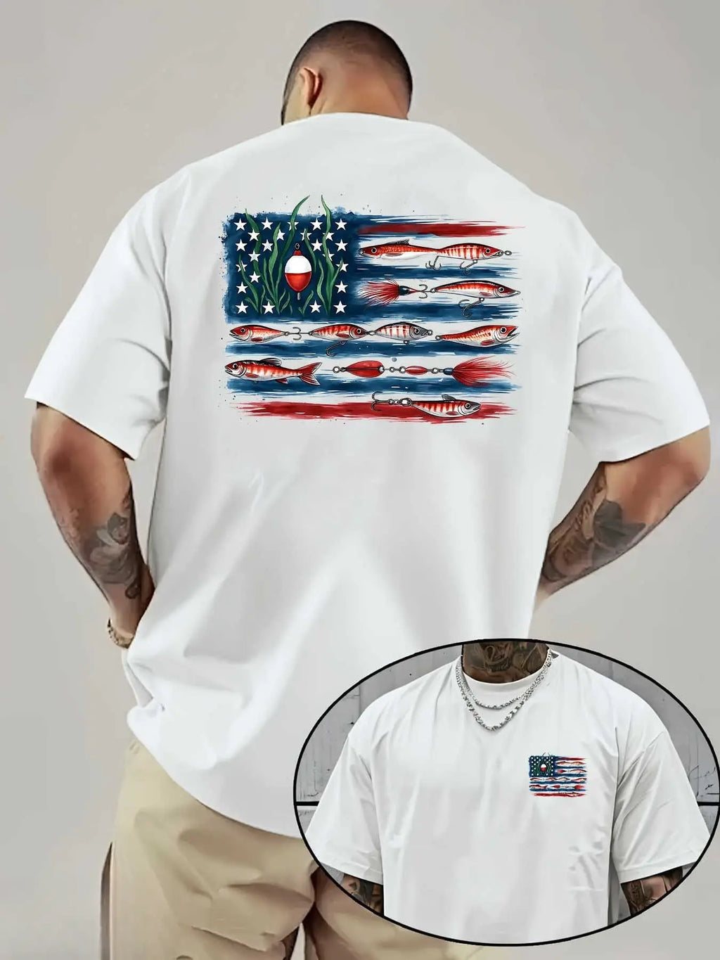 American Flag And Fish Print Short-Sleeve T-Shirt. The Design Combines The American Flag with Fishing Elements, Making It Suitable for Outdoor Fishing Enthusiasts in Summer. It'S a Great Father'S Day Gift Or a Special Present for Fishing Lovers.