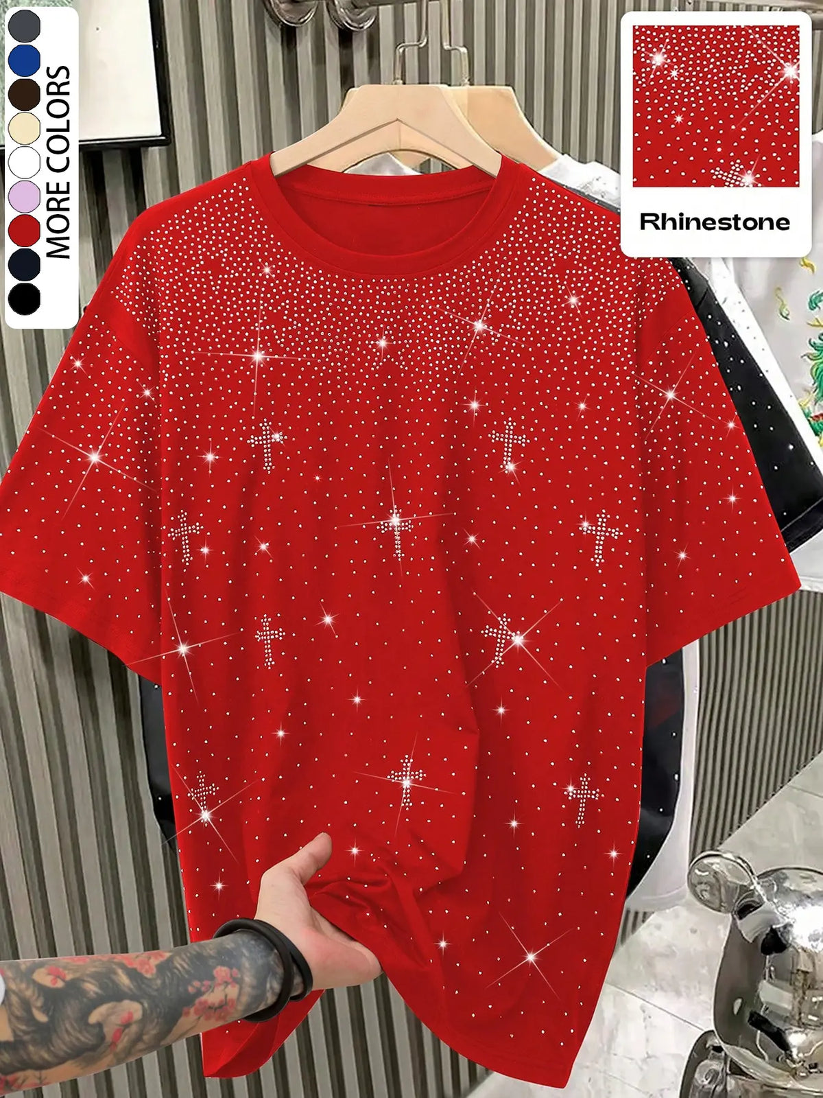 Unisex Rhinestone Cross Pattern T-Shirt, Street Style Glam Top, Sparkling Fashion Design, Perfect for Daily Wear & Night Out