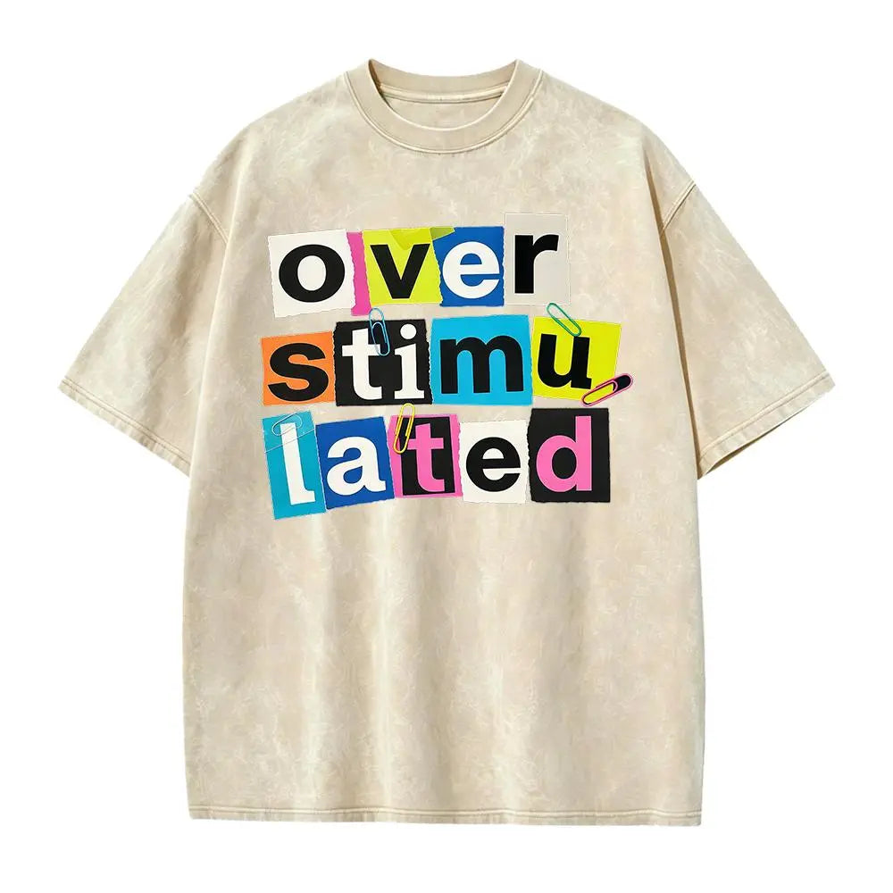 Women's Casual Graphic T-Shirt - "Overstimulated" Print Short Sleeve Summer Top, Black with White Lettering, Breathable Round Neck Tee for Casual Attire, Ladies T Shirts, Comfortable Tee, Relaxed Fit Shirt, Machine Washable Shirt