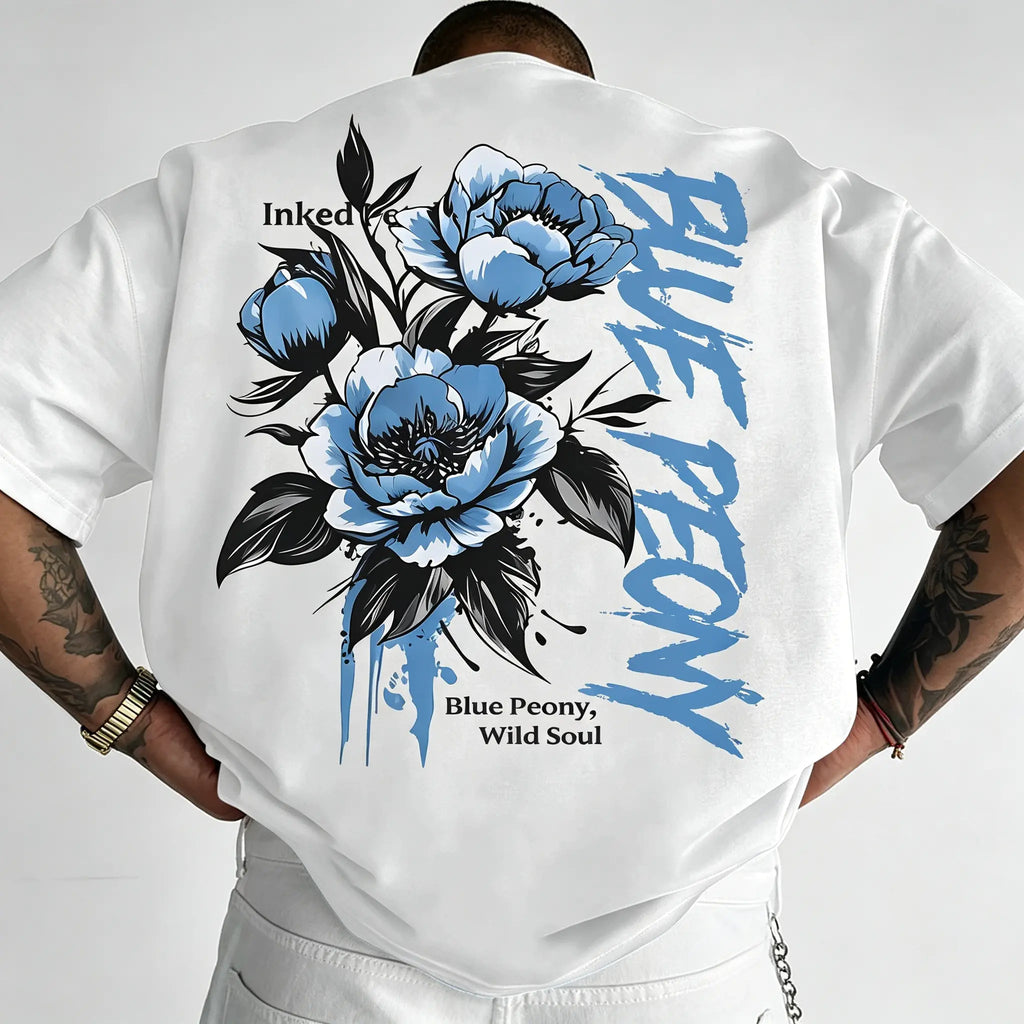 [Men's T-Shirt] New Men's T-Shirt, American Street Style Blue Peony Print T-Shirt