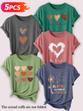 Women's Casual Round Neck T-Shirt Set, Leopard & Heart Print Short Sleeve Tees for Spring & Summer, Daily Wear