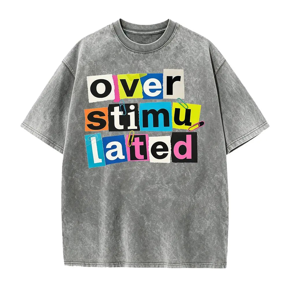 Women's Casual Graphic T-Shirt - "Overstimulated" Print Short Sleeve Summer Top, Black with White Lettering, Breathable Round Neck Tee for Casual Attire, Ladies T Shirts, Comfortable Tee, Relaxed Fit Shirt, Machine Washable Shirt