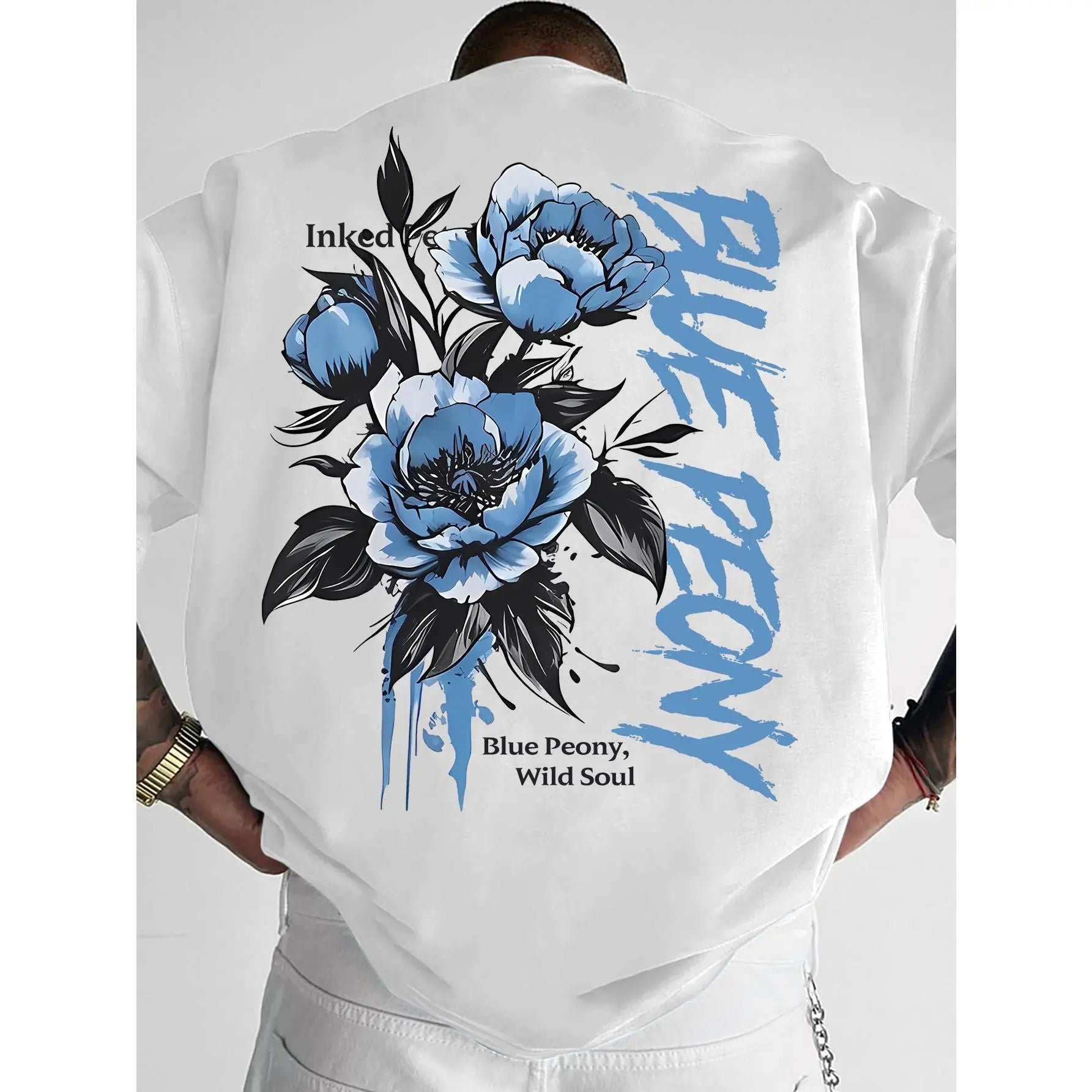 [Men's T-Shirt] New Men's T-Shirt, American Street Style Blue Peony Print T-Shirt