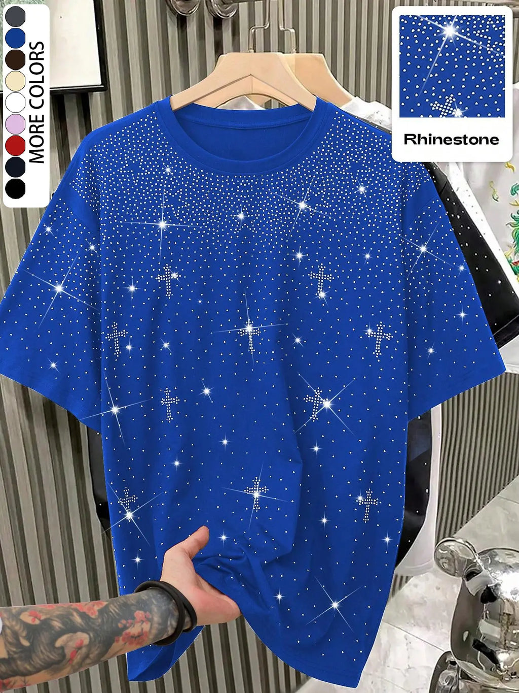 Unisex Rhinestone Cross Pattern T-Shirt, Street Style Glam Top, Sparkling Fashion Design, Perfect for Daily Wear & Night Out