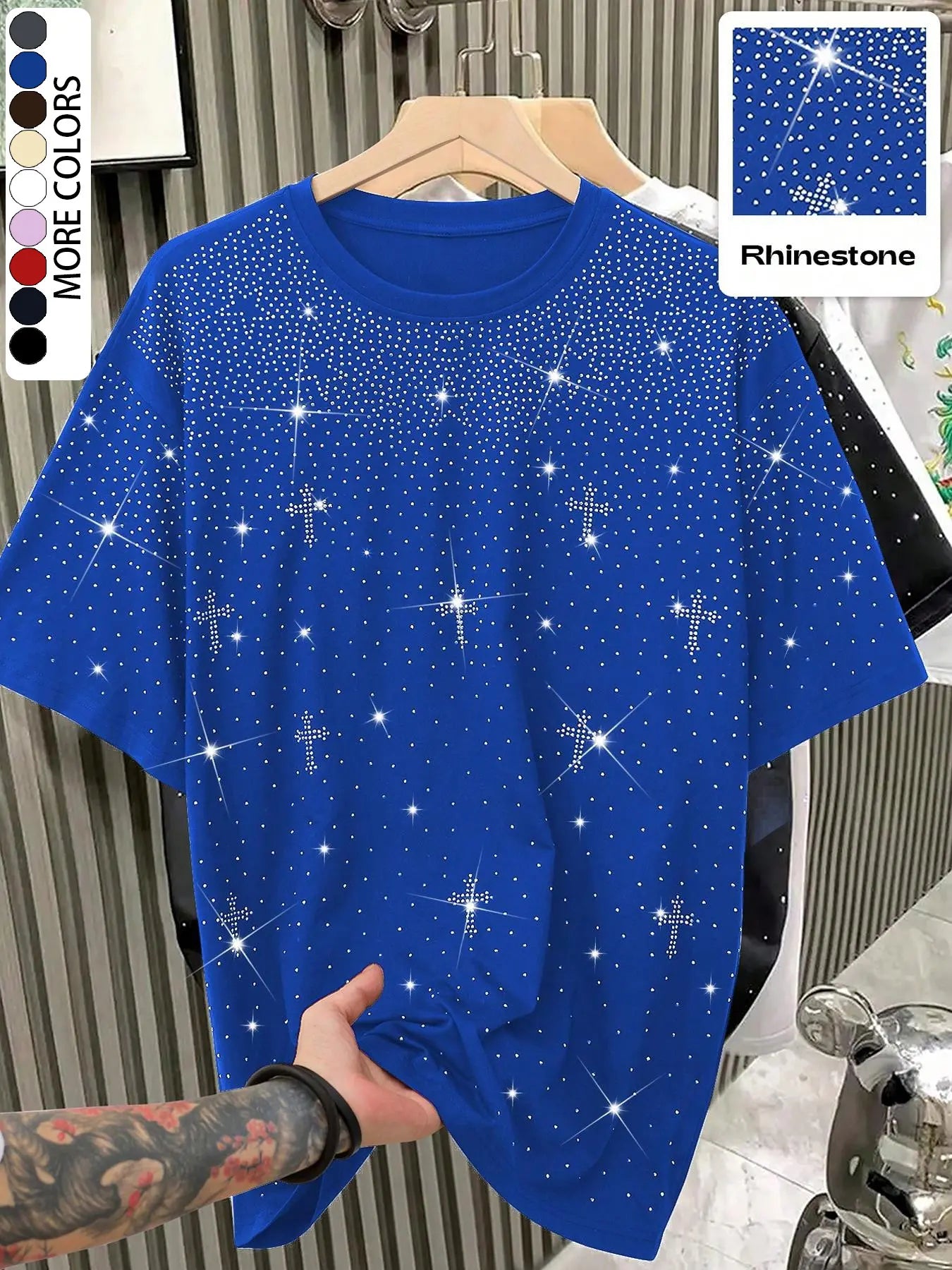 Unisex Rhinestone Cross Pattern T-Shirt, Street Style Glam Top, Sparkling Fashion Design, Perfect for Daily Wear & Night Out