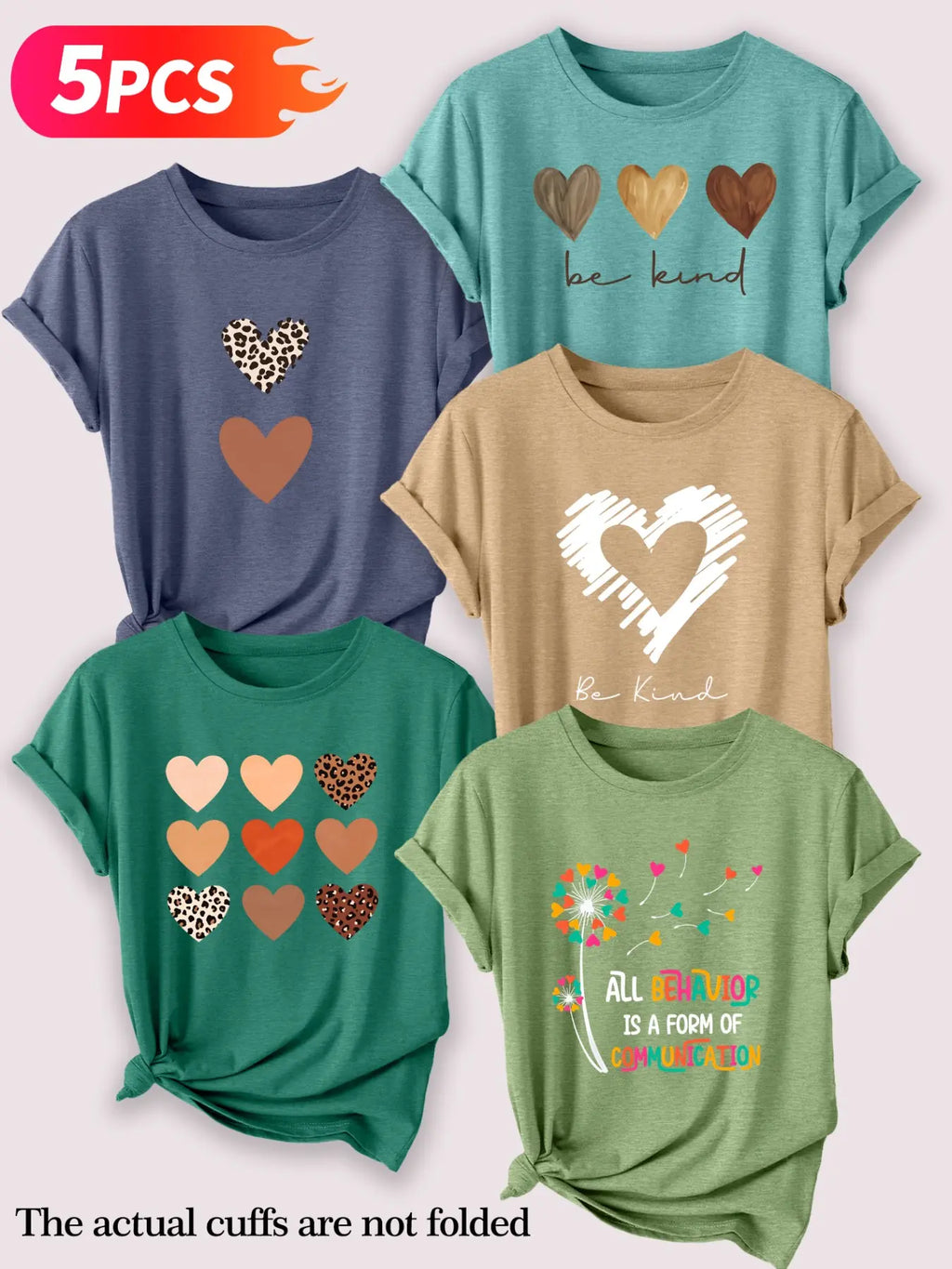 Women's Casual Round Neck T-Shirt Set, Leopard & Heart Print Short Sleeve Tees for Spring & Summer, Daily Wear