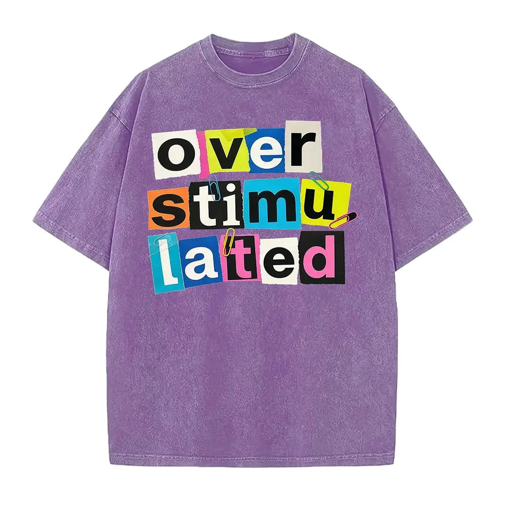 Women's Casual Graphic T-Shirt - "Overstimulated" Print Short Sleeve Summer Top, Black with White Lettering, Breathable Round Neck Tee for Casual Attire, Ladies T Shirts, Comfortable Tee, Relaxed Fit Shirt, Machine Washable Shirt