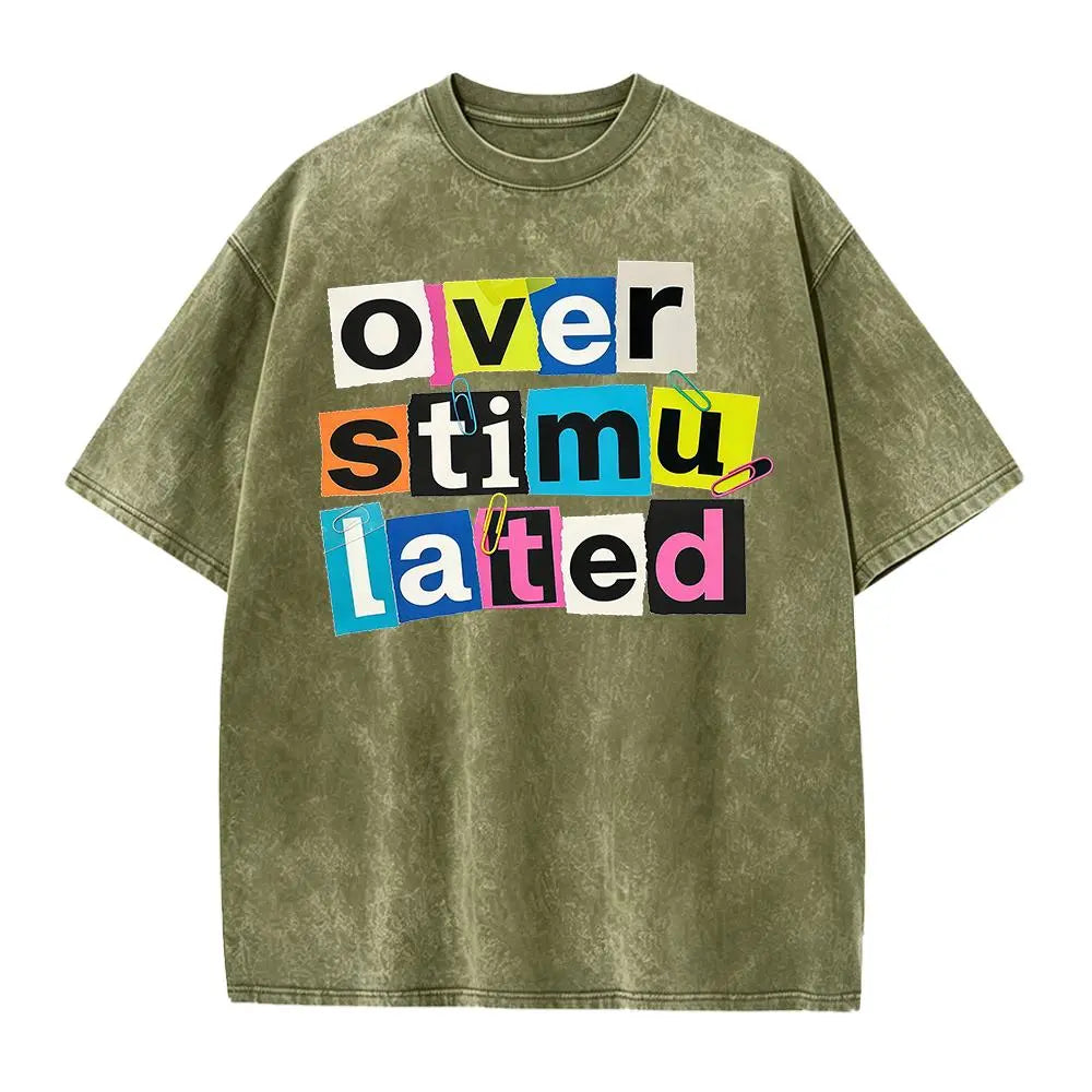 Women's Casual Graphic T-Shirt - "Overstimulated" Print Short Sleeve Summer Top, Black with White Lettering, Breathable Round Neck Tee for Casual Attire, Ladies T Shirts, Comfortable Tee, Relaxed Fit Shirt, Machine Washable Shirt