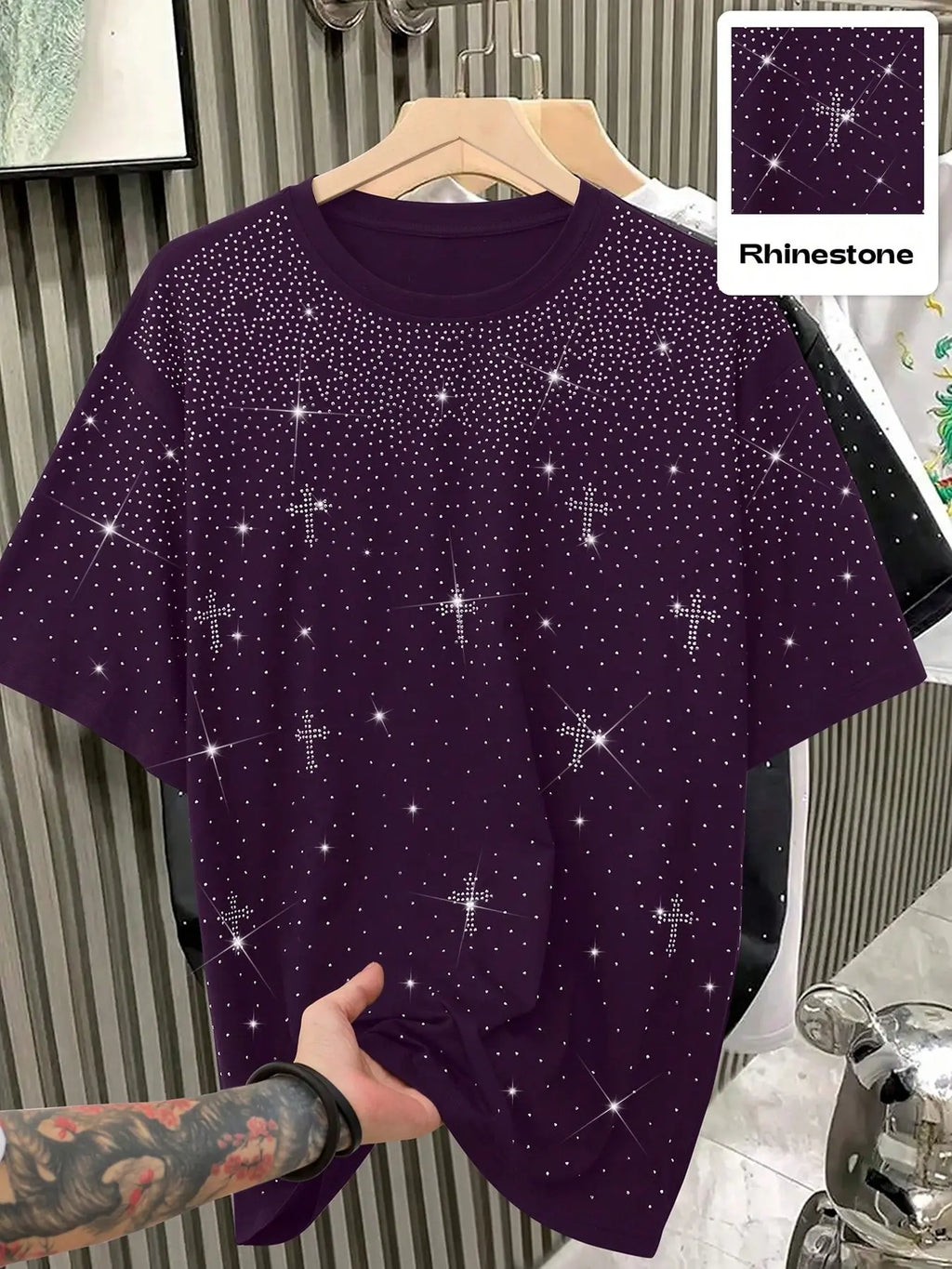 Unisex Rhinestone Cross Pattern T-Shirt, Street Style Glam Top, Sparkling Fashion Design, Perfect for Daily Wear & Night Out