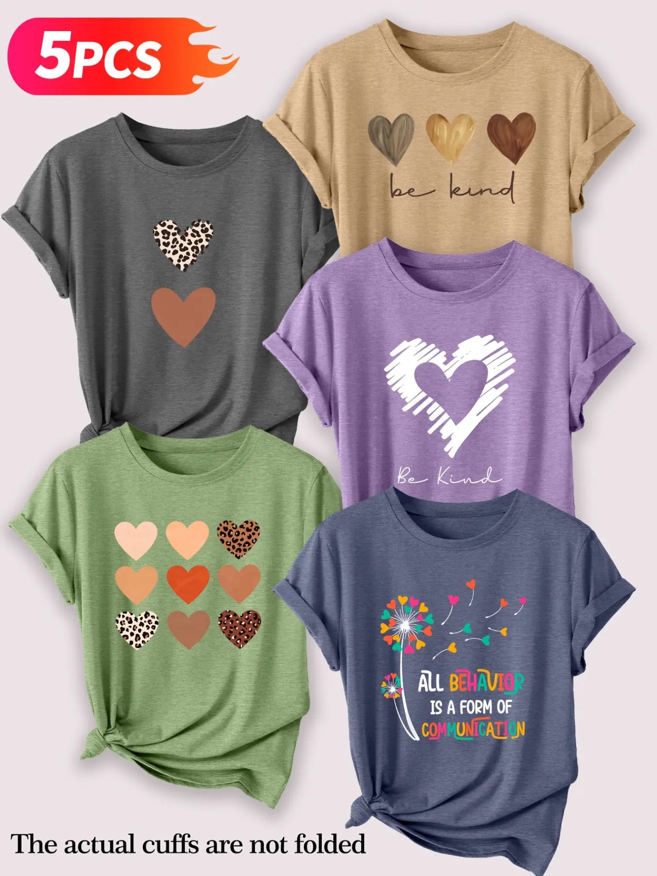 Women's Casual Round Neck T-Shirt Set, Leopard & Heart Print Short Sleeve Tees for Spring & Summer, Daily Wear