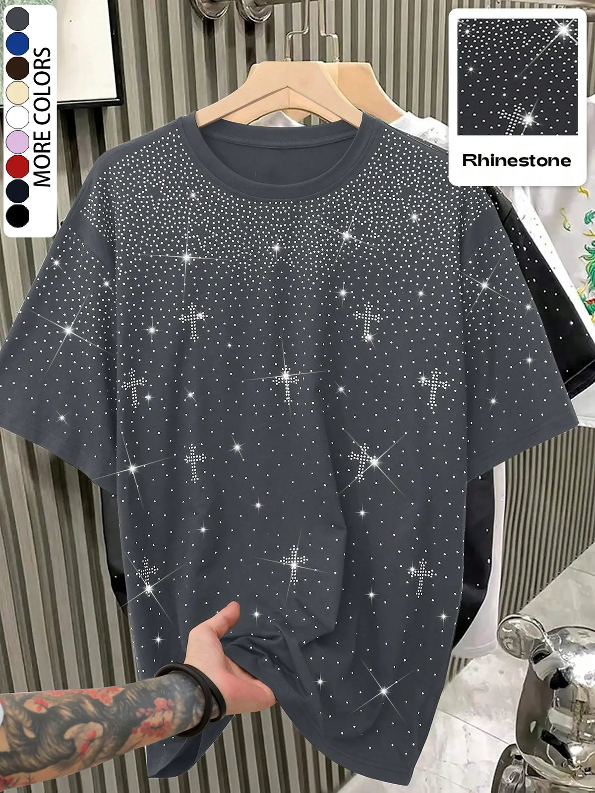 Unisex Rhinestone Cross Pattern T-Shirt, Street Style Glam Top, Sparkling Fashion Design, Perfect for Daily Wear & Night Out