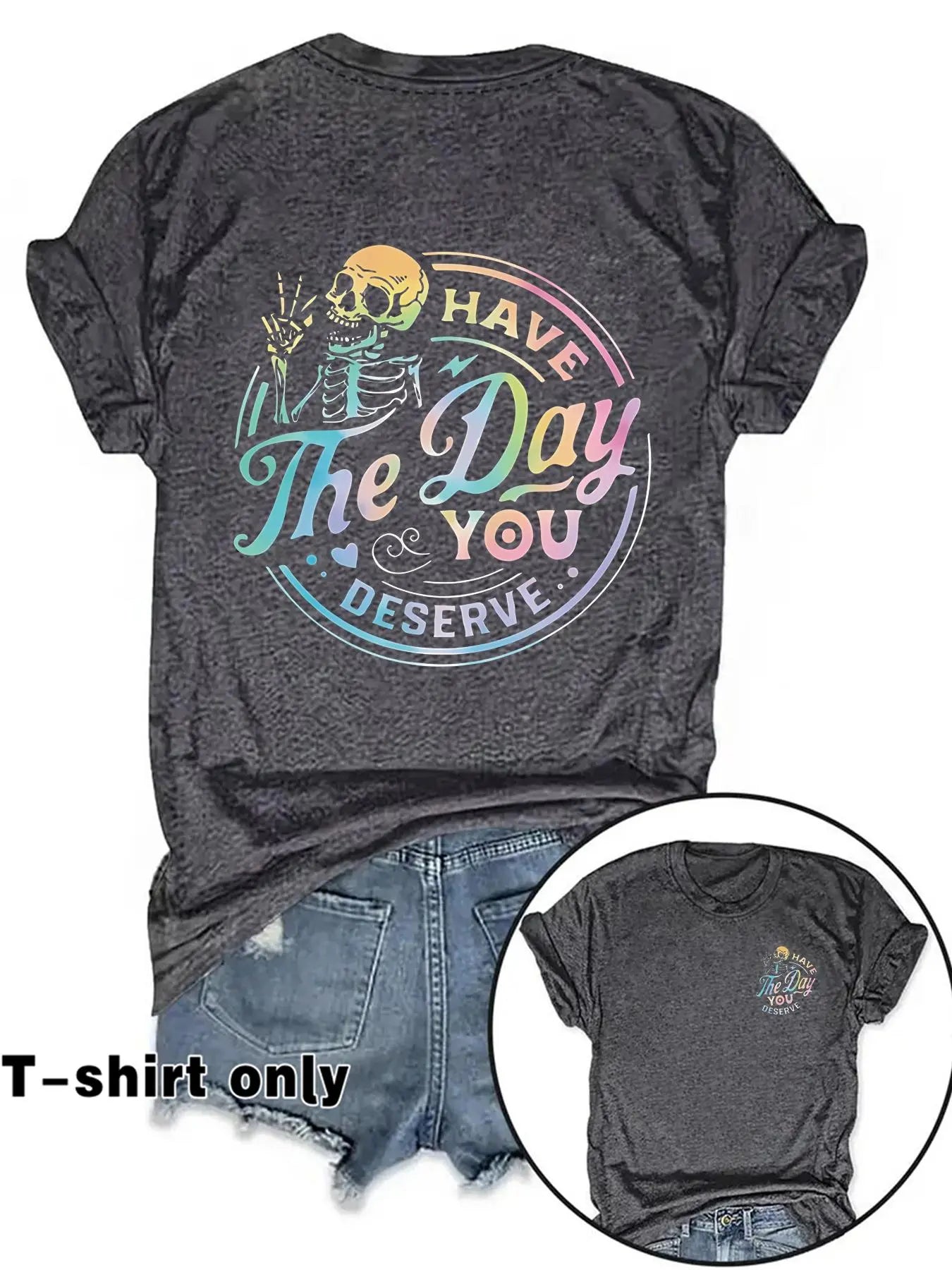 Women's Casual Everyday Fitted Graphic Letter Print Round Neck Short Sleeve T-Shirt, Spring Summer Streetwear Fashion Tee, Fun Skull Pattern, Inspirational Gradient Design, Womenswear